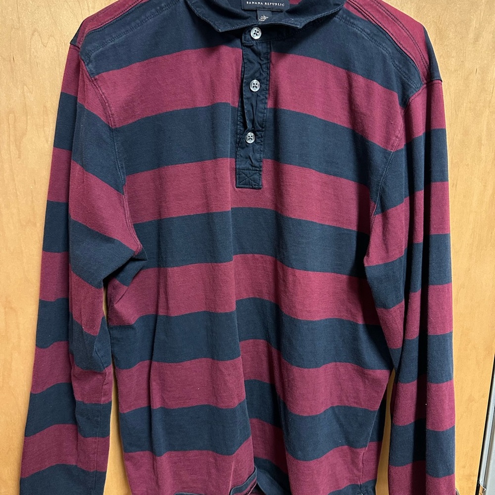 Banana Republic Men's Striped Burgundy and Navy Shirt